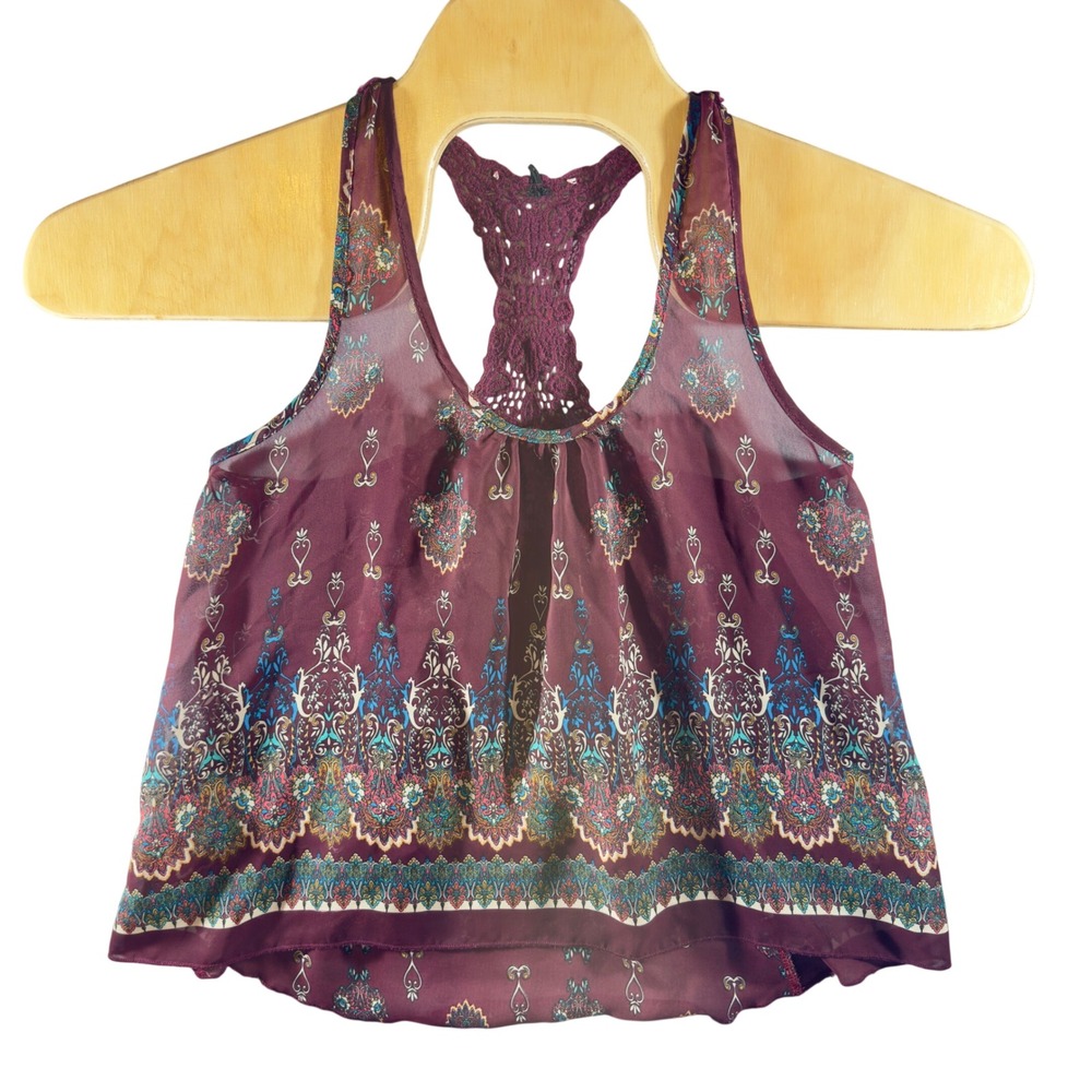 419 | Boho Sheer Crochet Back Tank Top Womens Burgundy Paisley Festival Blouse